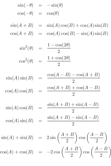 \begin{eqnarray*}
\mr {\sin(-\theta)}{-\sin(\theta)}%
{\cos(-\theta)}{\cos(\thet...
...{-2\cos\left(\frac{A+B}{2}\right)\cos\left(\frac{A-B}{2}\right)}
\end{eqnarray*}