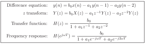 \fbox{
\begin{tabular}{rl}
Difference equation: & $y(n) = b_0 x(n) - a_1 y(n-1)...
... \displaystyle\frac{b_0}{1+a_1e^{-j\omega T}+a_2e^{-j2\omega T}}$
\end{tabular}}