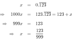 \begin{eqnarray*}
x &=& 0.\overline{123} \\ [5pt]
\quad\Rightarrow\quad 1000x &=...
...999x &=& 123\\ [5pt]
\quad\Rightarrow\quad x &=& \frac{123}{999}
\end{eqnarray*}