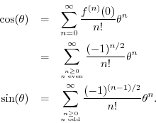 \begin{eqnarray*}
\cos(\theta) &=& \sum_{n=0}^\infty \frac{f^{(n)}(0)}{n!}\theta...
...mbox{\tiny$n$\ odd}}}^\infty \frac{(-1)^{(n-1)/2}}{n!} \theta^n.
\end{eqnarray*}