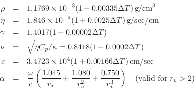\begin{eqnarray*}
\rho &=& 1.1769 \times 10^{-3}(1-0.00335\Delta T)\,\mbox{g}/\m...
... \frac{0.750}{r_v^3} \right) \quad
\mbox{(valid for $r_v > 2$)}
\end{eqnarray*}