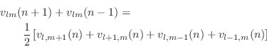 \begin{eqnarray*}
\lefteqn{v_{lm}(n+1) + v_{lm}(n-1) = } \\
& & \frac{1}{2}\left[
v_{l,m+1}(n) +
v_{l+1,m}(n) +
v_{l,m-1}(n) +
v_{l-1,m}(n)\right]
\end{eqnarray*}