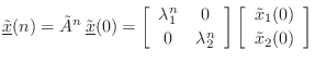 $\displaystyle \tilde{\underline{x}}(n) = \tilde{A}^n\,\tilde{\underline{x}}(0) ...
...eft[\begin{array}{c} \tilde{x}_1(0) \\ [2pt] \tilde{x}_2(0) \end{array}\right]
$