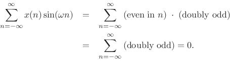 \begin{eqnarray*}
\sum_{n=-\infty}^{\infty}x(n)\sin(\omega n)
&=& \sum_{n=-\infty}^{\infty}\hbox{(even in $n$)}\;\cdot\;\hbox{(doubly odd)}\\
&=& \sum_{n=-\infty}^{\infty}\hbox{(doubly odd)} = 0.
\end{eqnarray*}