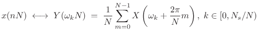 $\displaystyle x(nN) \;\longleftrightarrow\; Y(\omega_k N) \eqsp \frac{1}{N} \sum_{m=0}^{N-1} X\left(\omega_k + \frac{2\pi}{N} m \right), \; k\in [0,N_s/N)$