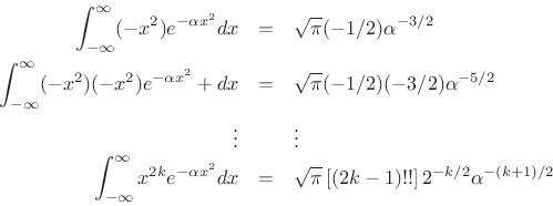 \begin{eqnarray*}
\int_{-\infty}^\infty (-x^2) e^{-\alpha x^2} dx &=& \sqrt{\pi}(-1/2)\alpha^{-3/2}\\
\int_{-\infty}^\infty (-x^2)(-x^2) e^{-\alpha x^2} + dx &=& \sqrt{\pi}(-1/2)(-3/2)\alpha^{-5/2}\\
\vdots & & \vdots\\
\int_{-\infty}^\infty x^{2k} e^{-\alpha x^2} dx &=& \sqrt{\pi}\,[(2k-1)!!]\,2^{-k/2}\alpha^{-(k+1)/2}
\end{eqnarray*}