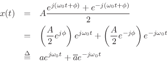 \begin{eqnarray*}
x(t) &=& A \frac{e^{j(\omega_0 t + \phi)} + e^{-j(\omega_0 t + \phi)}}{2}\\
&=& \left(\frac{A}{2}e^{j \phi}\right) e^{j\omega_0 t}
+ \left(\frac{A}{2}e^{-j \phi}\right) e^{-j\omega_0 t}\\
&\isdef & a e^{j\omega_0 t} + \overline{a} e^{-j\omega_0 t}
\end{eqnarray*}